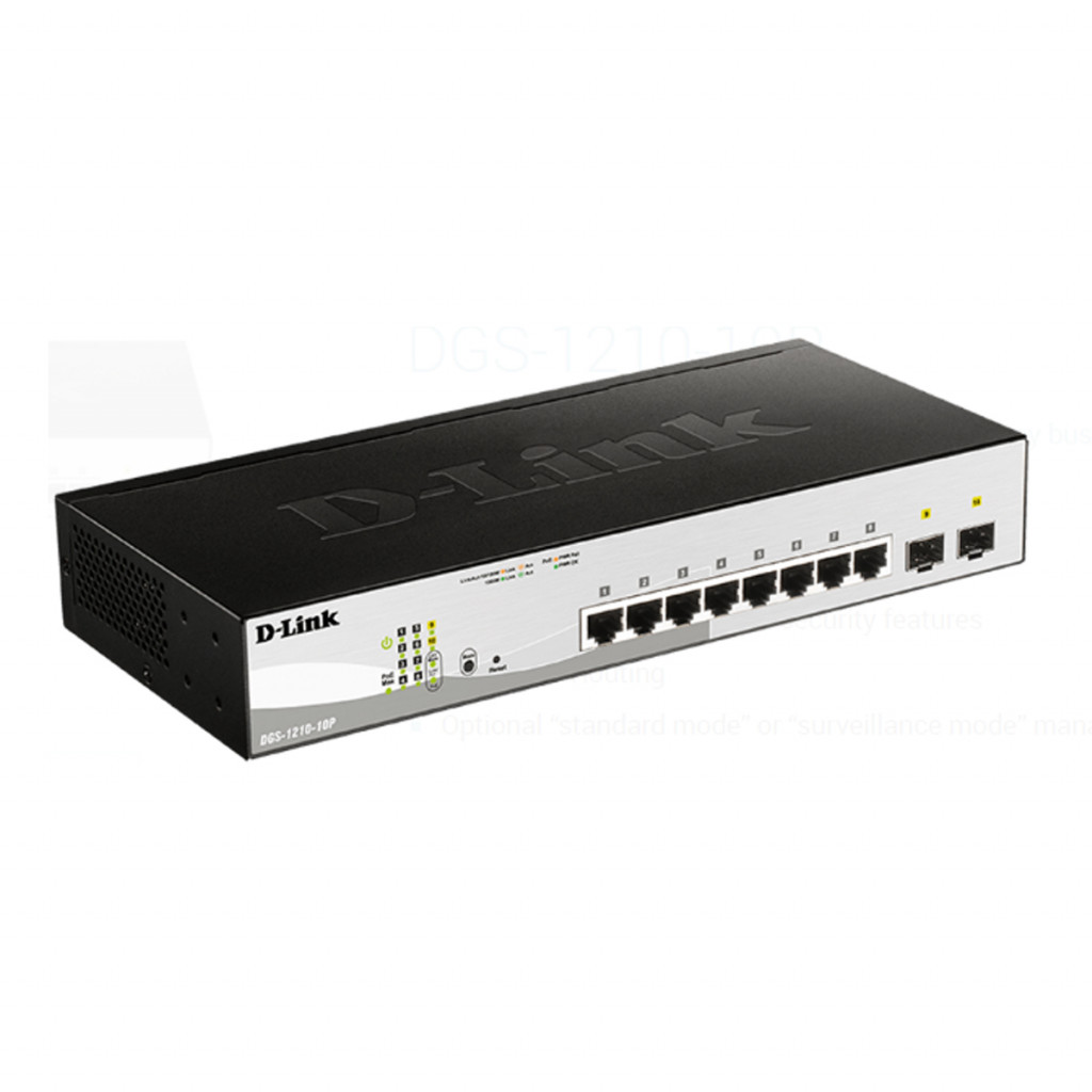 سوئیچ شبکه مدیریتی 8 پورت PoE با 2 پورت SFP دی لینک مدل DGS-1210-10P